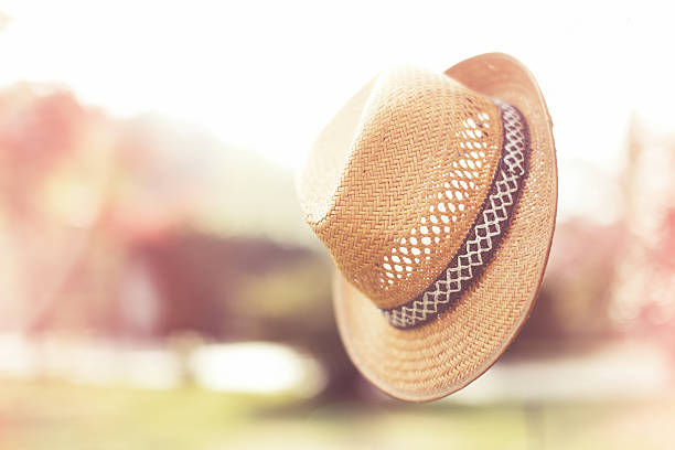 istock Old straw hat against attached on a plant in garden 471792776