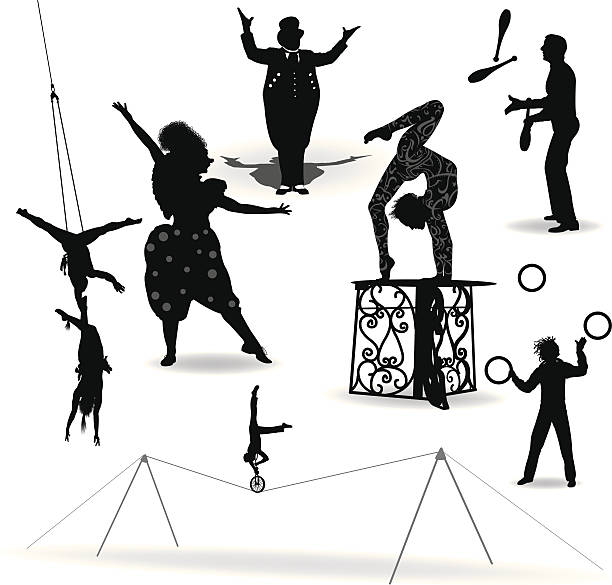 Circus Performers, Acrobat, Juggler, Clown, Ring Leader Circus Performers. Silhouette illustrations of Circus Performers, Acrobat, Juggler, Clown, Ring Leader. Check out my "Big Top Circus" light box for more. circus performer stock illustrations