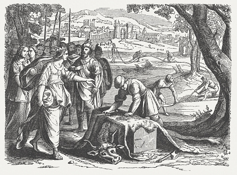Dido purchases Land for the Foundation of Carthage. Woodcut engraving after an etching (from Historische Chronica Frankfurt, 1630) by Mathias Merian the elder (Swiss-German engraver and publisher, 1593 - 1650), published in 1864.