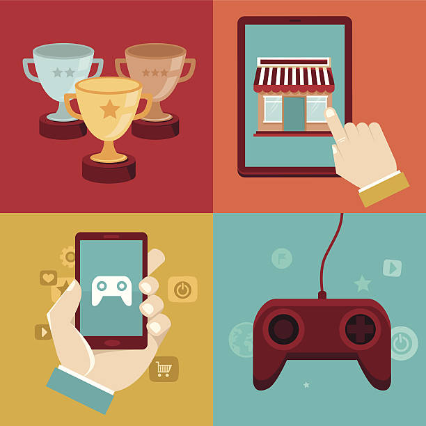 Vector gamification concepts - flat app icons Vector gamification concepts - digital device with touchscreen and game interface on it with award and achievement icons on background gamification badge stock illustrations