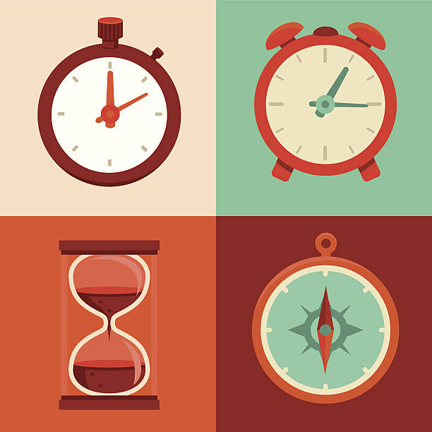 векторный набор плоских иконок-времени и часы символы - timer minute hand number 20 hourglass stock illustrations