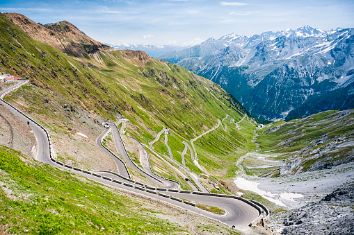 Curving road down the mountain, Italian Dolomites near Stelvio National Park