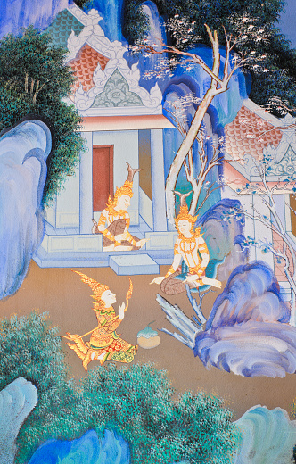 Traditional Thai mural painting of the Life of Buddha on temple wall at Wat Bang Chalong Nai in Samut Prakan, Thailand.