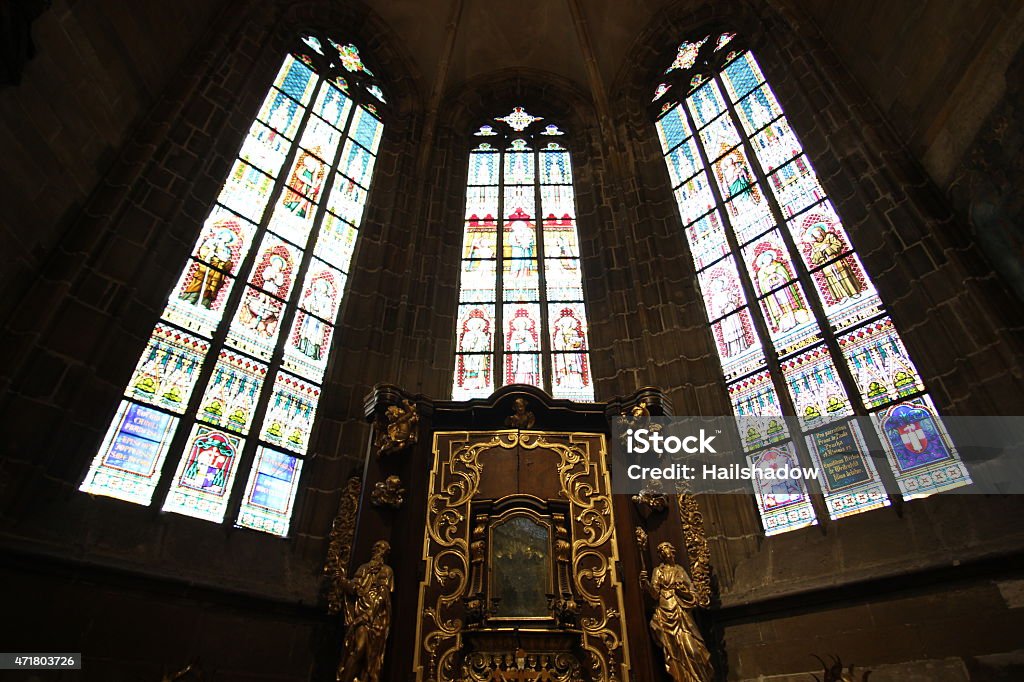 Church stained glass windows Church stained glass windows inside St Vitus Cathedral, Prague - Czech Republic. 2015 Stock Photo