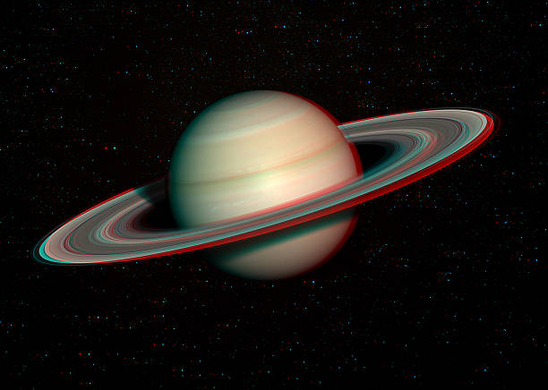 3 d sonnensystem-serie: saturn mit stars im hintergrund. - anaglyph stock-fotos und bilder