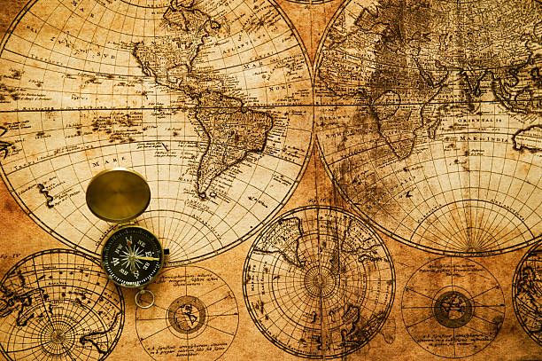 Vintage detailed navigation map with mariner's compass old compass on vintage map of the world 1746 old compass stock pictures, royalty-free photos & images