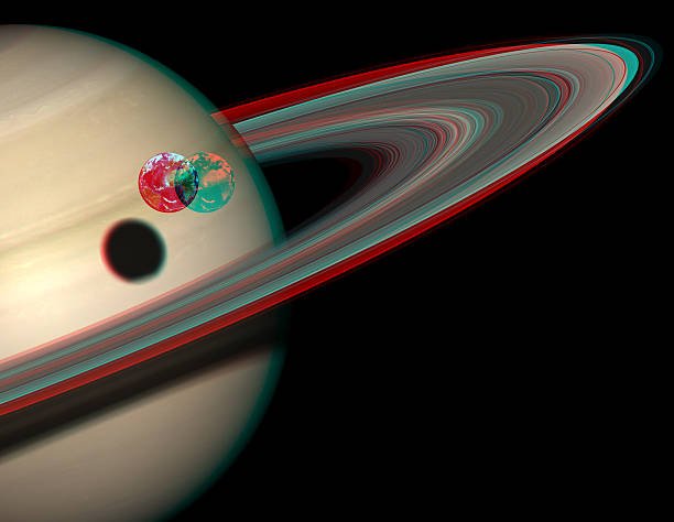 3 d sistema solar serie: saturno y la tierra en comparación. - anaglyph fotografías e imágenes de stock