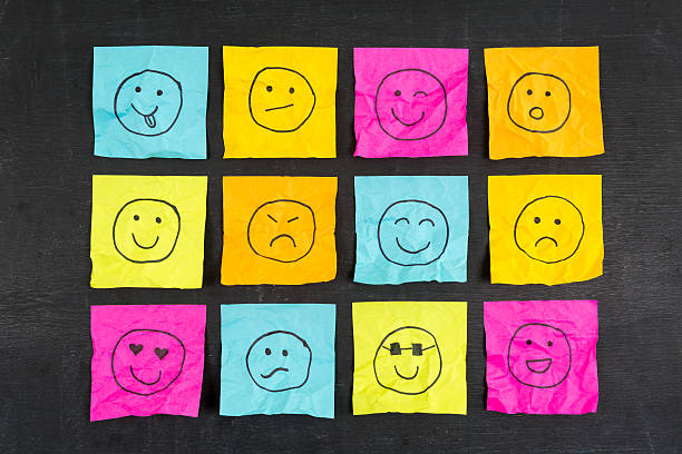 Crumpled Sticky Note Emoticons Crumpled sticky note emoticons smileys smiley face postit stock pictures, royalty-free photos & images