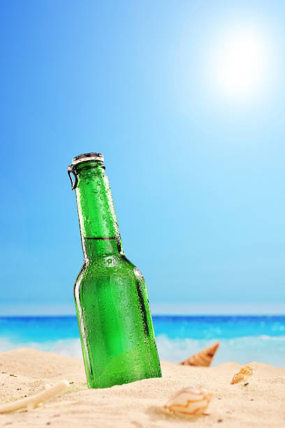 istock Beer bottle on a beach with clear sky and sun 471812263