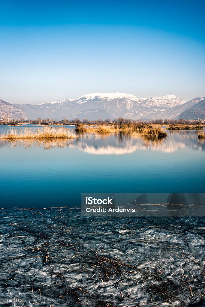 Montagna innevata che si riflettono nel lago ghiacciato, Torbiere del Sebino - Foto stock royalty-free di 2015