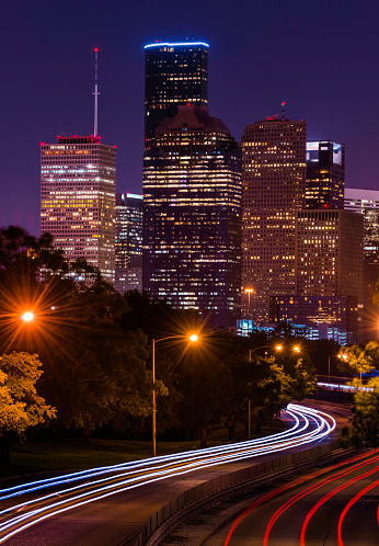 Houston cityscape at night with traffic