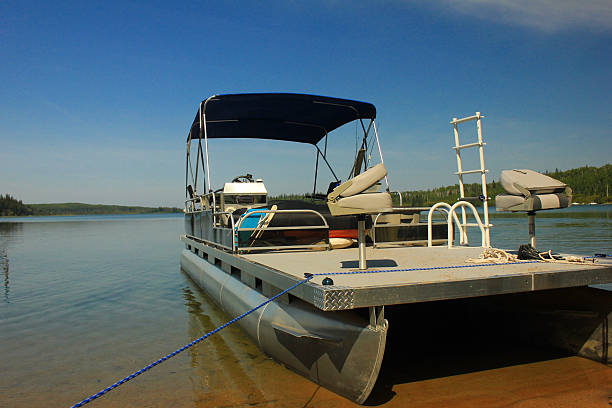 Pontoon on lake A pontoon boat on a beach at a lake pontoon boat stock pictures, royalty-free photos & images