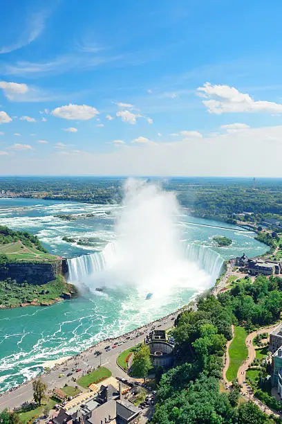 Horseshoe Falls aerial view in the day with mist from Niagara Falls