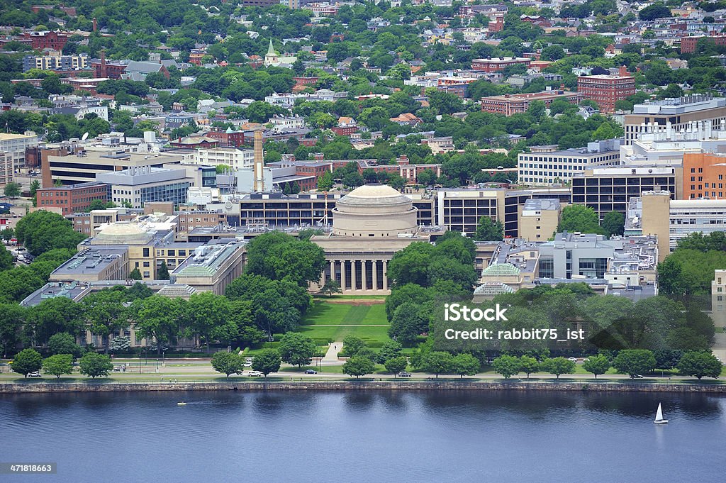 An aerial view of The MIT campus of Boston Boston Massachusetts Institute of Technology campus with trees and lawn aerial view with Charles River Massachusetts Stock Photo