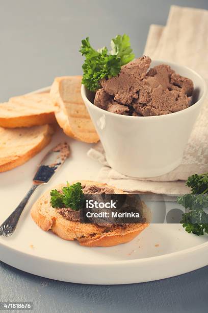 Chicken Liver Pate On Bread And In Bawl Stock Photo - Download Image Now - 2015, Animal Digestive System, Animal Internal Organ