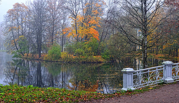 istock Autumn landscape with river and bridge in Catherine park, Pushki 471818917