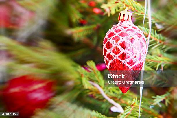Red Christmas Balls On Spruce Branch Taken Closeup Stock Photo - Download Image Now