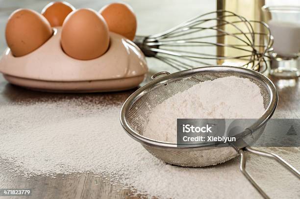 Flour In A Sieve On Kitchen Table Stock Photo - Download Image Now - Baking, Ingredient, Backgrounds