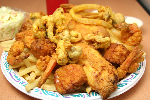 fried scallops, clams, haddock, shrimp, onions rings and French fries