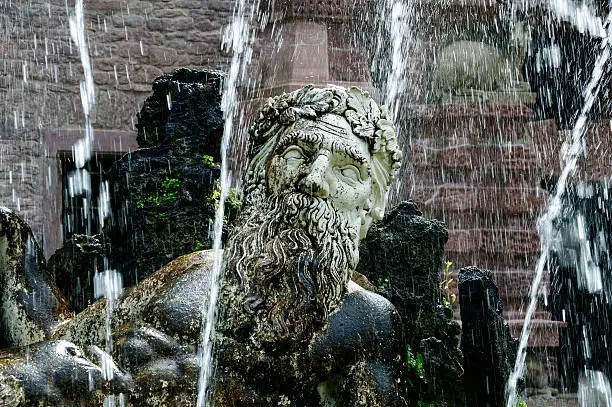 Detailed view of the Neptun fountain located in the park of Heidelberger Schloss