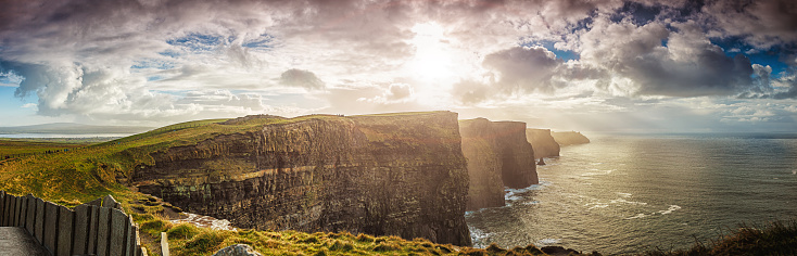 Cliffs of Moher, County Clare, Ireland, The Burren, Europe are one of Ireland's top touristic attractions. The maximum height of Cliffs is 214 m, lenght 8 km.