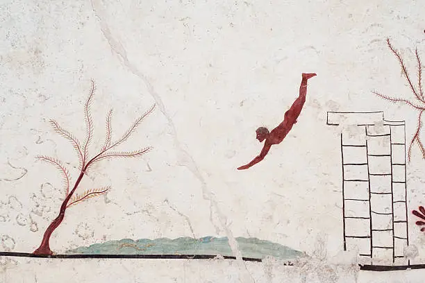Ancient Greek Fresco: Diver's Tomb, Paestum, Campania, Italy