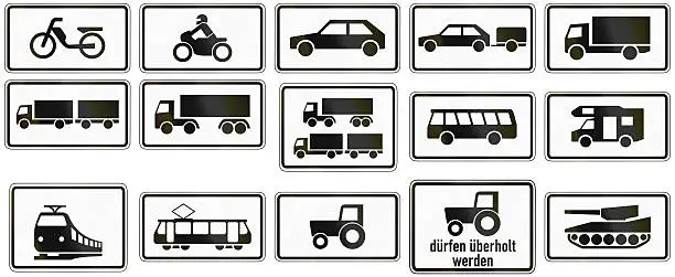 Collection of German supplementary road signs regarding specific vehicle types.