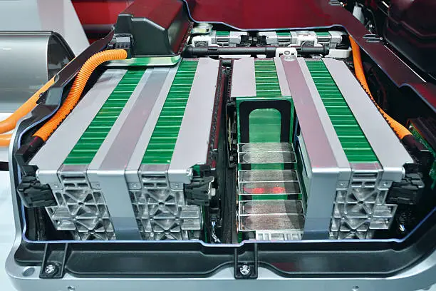 Close-up of battery packs in the the electric car.