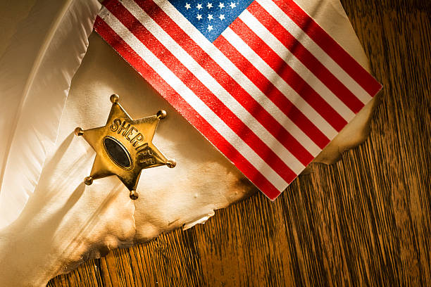 Wooden floor and American flag on wall