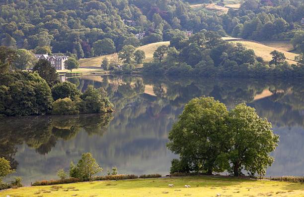 The view over the southern end of Lake Windermere from the footpath to Gummers How, a well known viewpoint in The Lake District, Cumbria, UK