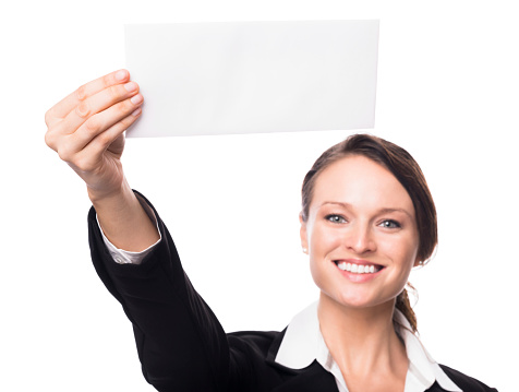 Young Businesswoman with Paper Envelope Isolated on White Background 