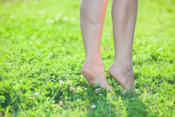 istock Female legs standing tiptoe on green grass 471840197