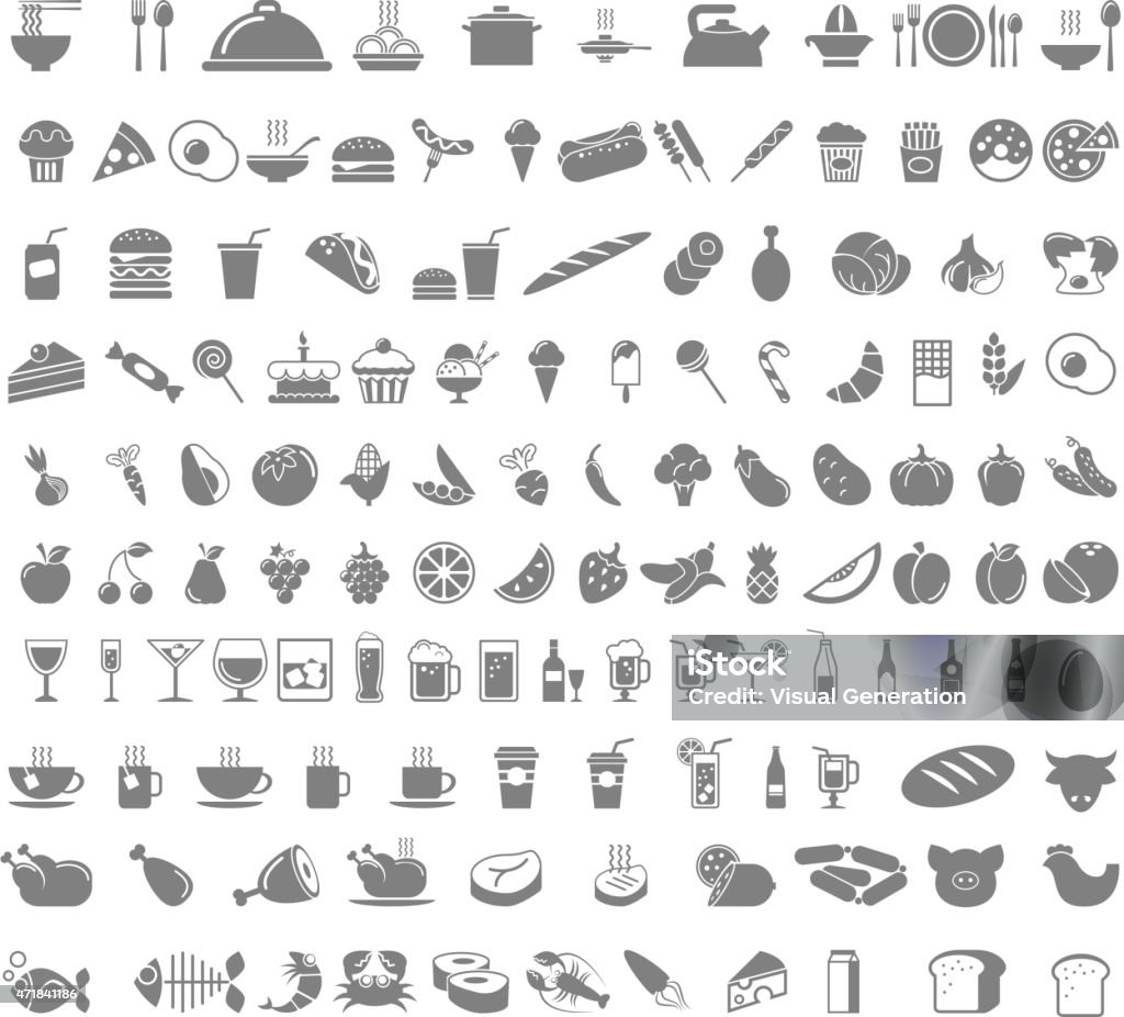 Food and beverages icons A number of food and beverages - fruits, coffee, tea, meat, bread, wine, cupcakes, burger icon set. Vector flat design illustration Square layout.  Icon Symbol stock vector