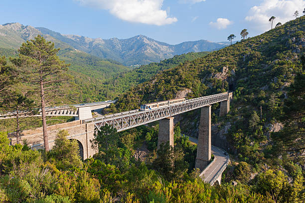 Train driving on large bridge in Vivario Corsica Train driving on large railway bridge and viaduct against backdrop of mountains. Roads on either side. Vivario, Corsica, France. vivario photos stock pictures, royalty-free photos & images