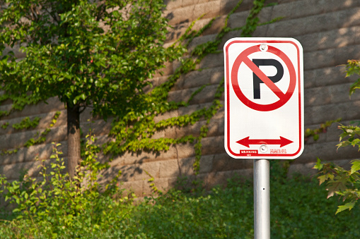 Parking sign in scenic urban area with decorative background. 