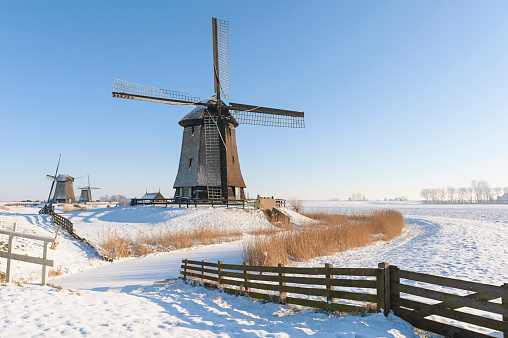 Dutch windmills in winter landscape, captured near Schermerhorn.