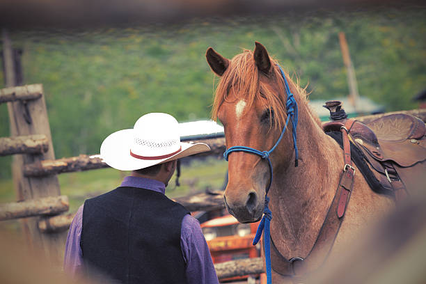istock Cowboy leading horse into corral at ranch 471845309