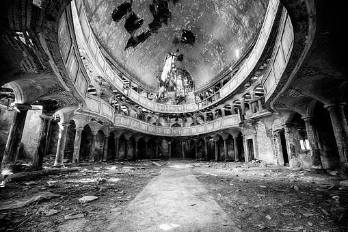 ruined, abandoned protestant church; black & white from HDR image