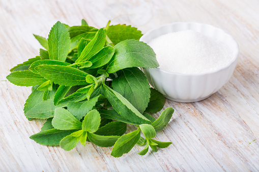 stevia frescas hojas y el tazón de azúcar photo