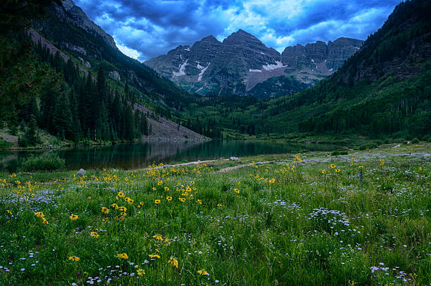 View of Rocky Mountains from maroon Lake stock photo