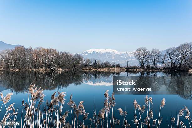 Montagna Neve E Gli Alberi Che Si Riflettono Nel Lago Torbiere Sebino - Fotografie stock e altre immagini di 2015