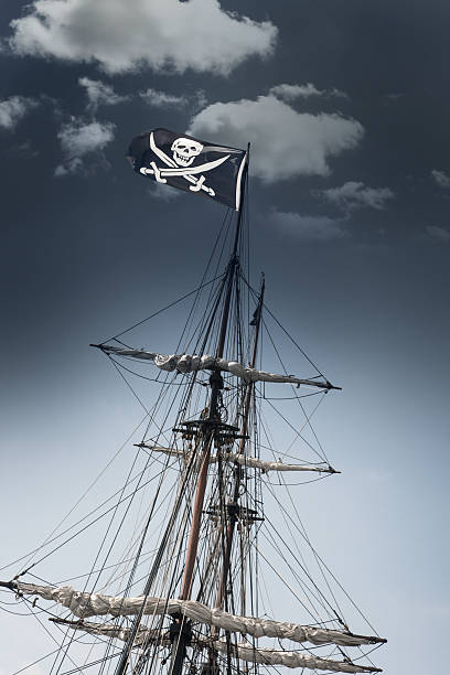 A Jolly Roger skull and crossbones pirate flag waving atop a pirate ship mast leaning into the wind under a dark, cloudy, stormy ominous sky.