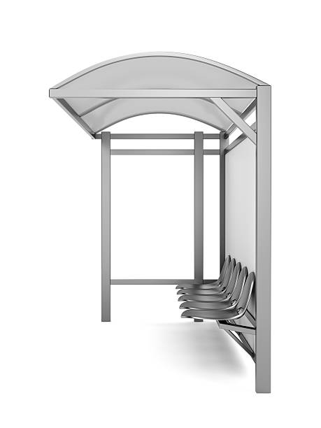 Silver bus stop with seats and roof Bus stop with blank billboard bus shelter stock pictures, royalty-free photos & images