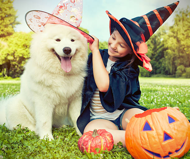 Halloween child Little girl dressed up for Halloween sitting outdoors with her dog dog in halloween hat of witch stock pictures, royalty-free photos & images