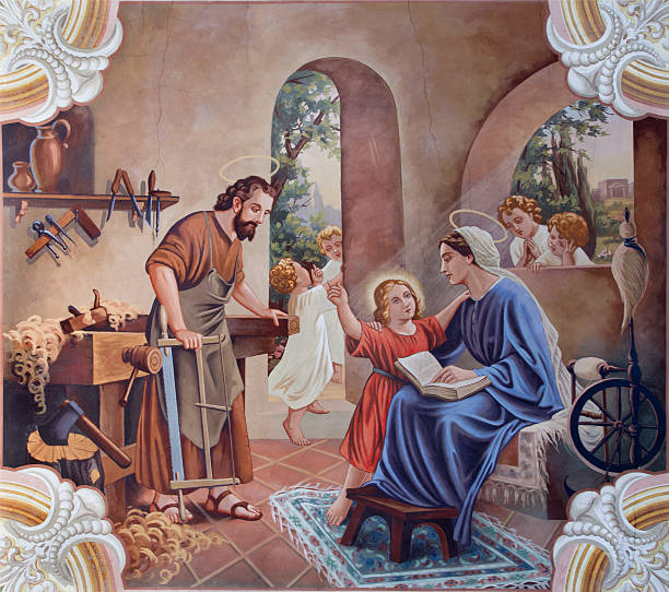 sebechleby-święta rodzina fresk - madonna stock illustrations