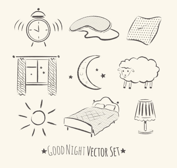 gute-nacht-set. - bed pillow doodle bedroom stock-grafiken, -clipart, -cartoons und -symbole