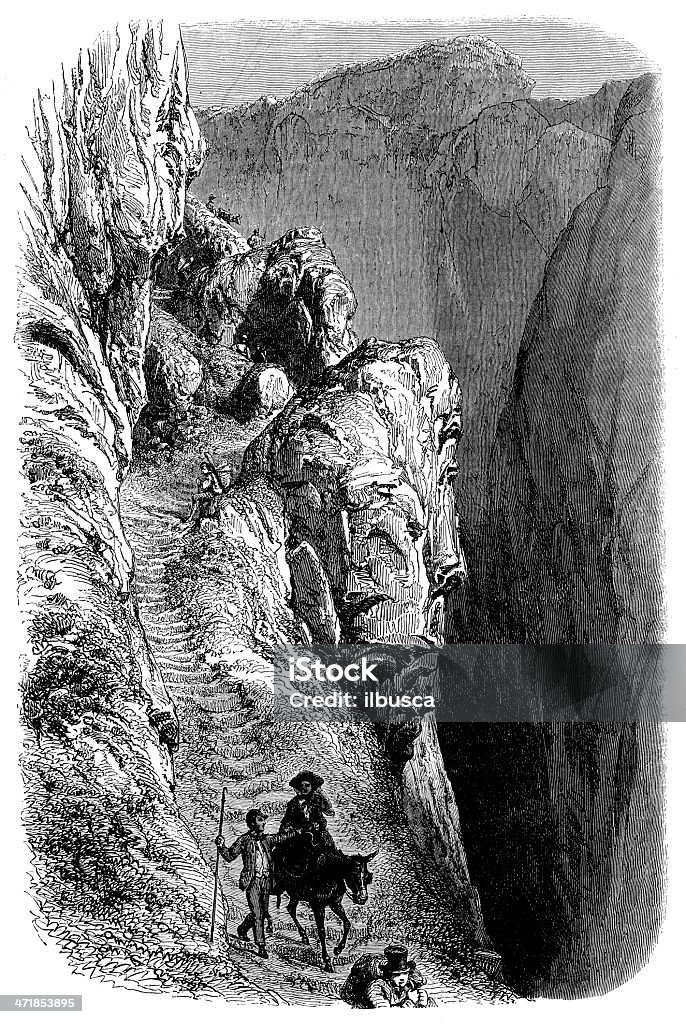 Antica illustrazione di Gemmi valley pass - Illustrazione stock royalty-free di Sentiero