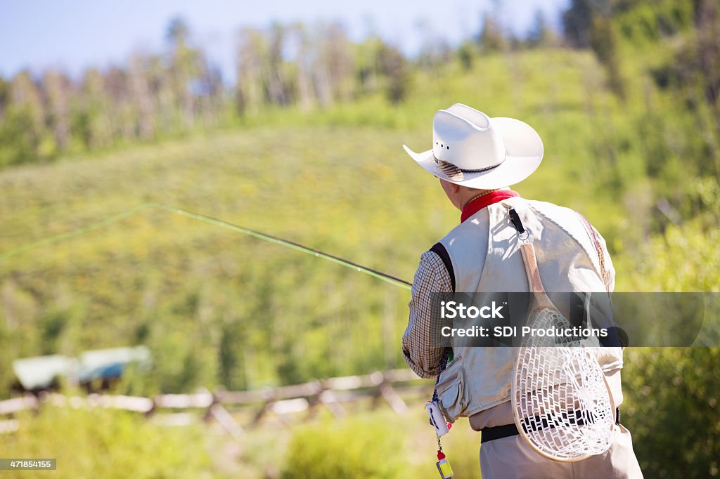 フライフィッシャーマン保持釣り竿を立つ川 - アウトドアのロイヤリティフリーストックフォト