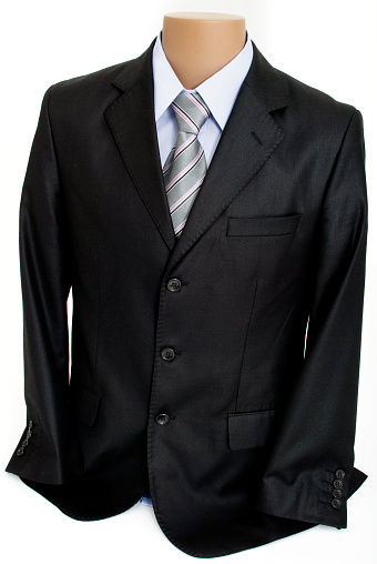 Mannequin with Formal Male Clothes - Black Suit Jacket, Blue Shirt with a Collar, Tie with Grey, Pink, Black and White Stripes, Isolated on White Background