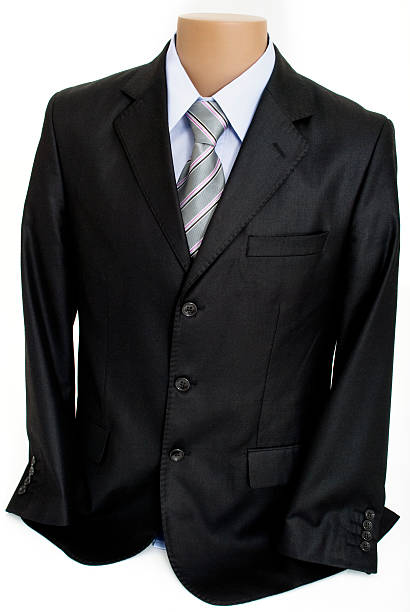 Mannequin with Male Formal Suit, Isolated on White Background Mannequin with Formal Male Clothes - Black Suit Jacket, Blue Shirt with a Collar, Tie with Grey, Pink, Black and White Stripes, Isolated on White Background necktie businessman collar tied knot stock pictures, royalty-free photos & images